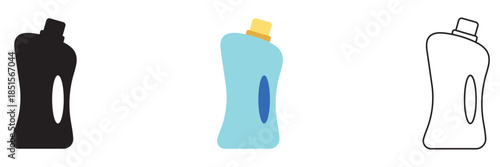 Product chemical flat bleach bottle  icon. Black and colorful plastic spray bottle for household cleaning, hygiene, and disinfectant products isolated on white background.
