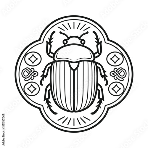 Stylized Scarab Beetle in a Quatrefoil Frame Line Art Illustration