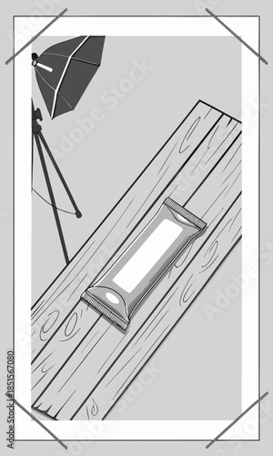 Product photography setup with a snack bar on a wooden surface and studio lighting.
