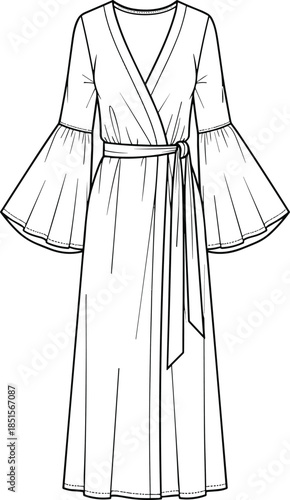 Technical flat vector illustration CAD drawing professional women's fashion maxi wrap dress design bell sleeves tie waist deep V-neck detailed template, cad drawing flat vector illustration