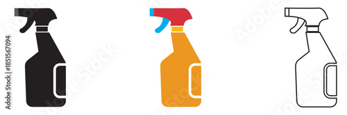 Product chemical flat bleach bottle  icon. Black and colorful plastic spray bottle for household cleaning, hygiene, and disinfectant products isolated on white background.
