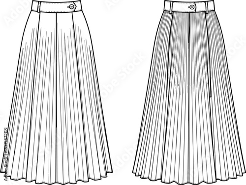 Technical flat vector illustration CAD drawing professional women's fashion long pleated maxi skirt design high waist full length elegant formal business template, cad drawing flat vector illustration