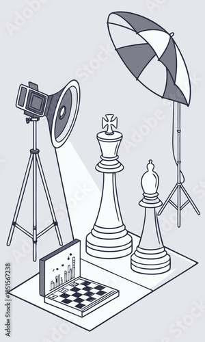 Professional studio setup for photographing chess pieces highlighting the king and bishop with controlled lighting.