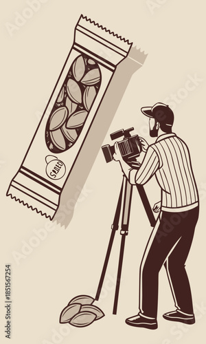 Professional videographer filming a snack bar with almonds capturing detailed product shots for advertising.