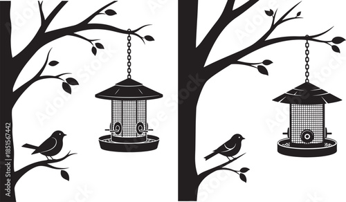 Two bird feeder and bird on tree branch silhouette set
