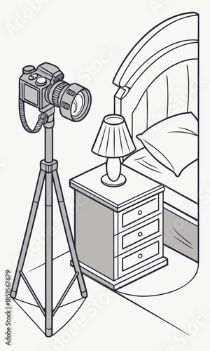 Camera on tripod capturing bedroom scene with nightstand and lamp.