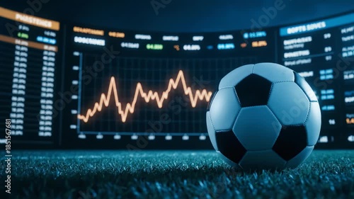 Soccer ball on blue turf against a giant digital screen displaying an orange fluctuating stock market graph, concept for sports betting visualization, financial analysis and online gambling promotion
