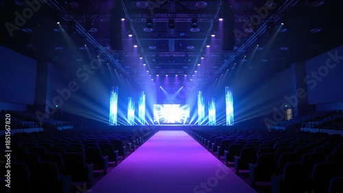 Professional large conference stage illuminated by dramatic blue and purple spotlights and empty seating area, concept for corporate events, product launches and high-tech presentations
