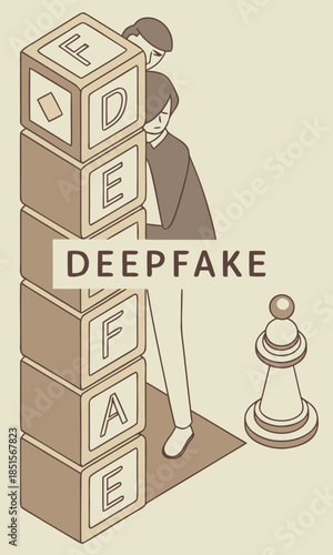Deepfake concept with person hiding behind blocks and chess piece.