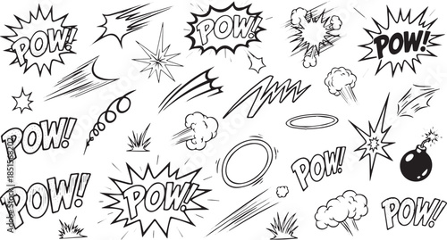 Collection of comic book sound effects and action lines.