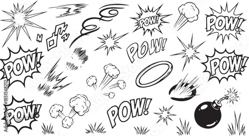Collection of comic book style sound effects and action elements.