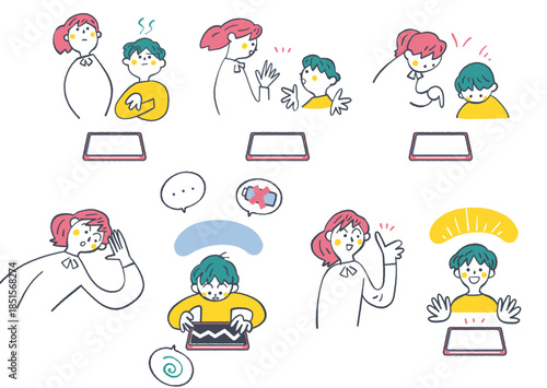 タブレットのトラブルを解決し操作をマスターしていく小学3年生くらいの男子児童、バッテリー切れやパスワード忘れを乗り越えて学びを楽しむプロセスとサポートする先生、手書き風イラスト、ICT教育・生き生きタブレット学習シリーズ