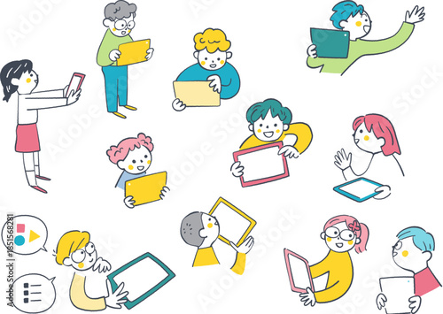 タブレット画面を見せ合い意見交換を楽しむ小学3年生くらいの子供たち、協働学習でアイデアを共有するワクワク感と笑顔のグループワーク、手書き風イラスト、ICT教育・生き生きタブレット学習シリーズ