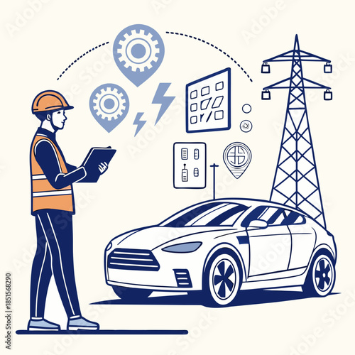 Engineer inspecting electric car and power grid infrastructure.