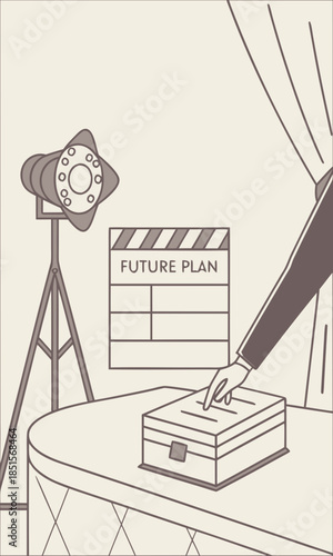 Hand placing a vote in a ballot box with a clapperboard and spotlight in the background.