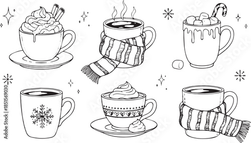 Hand Drawn Collection of Cozy Winter Hot Drinks with Festive Decorations.