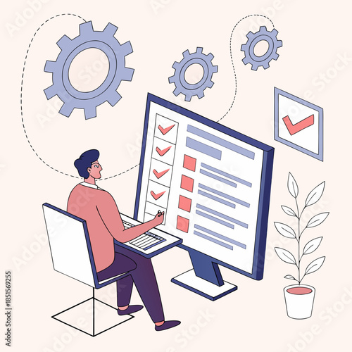 Man working on computer with checklist and gears representing task completion and process management.