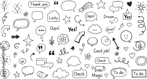Hand Drawn Doodle Elements Speech Bubbles Stars Arrows and Icons.