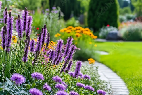 Beautiful garden displays vibrant purple flowers along stone pathway on a bright summer day