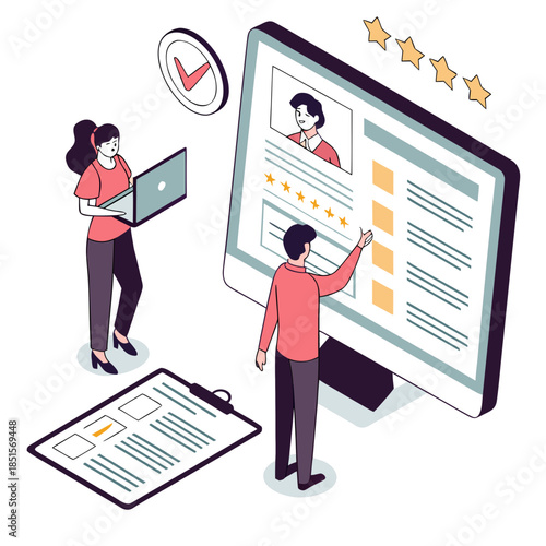 People interacting with online resume and job application on a large computer screen.