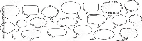 Handdrawn collection of various speech bubbles and thought clouds.