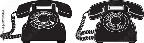 Two rotary dial telephones front and back view isolated on white