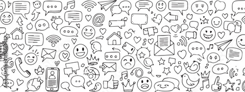 Handdrawn doodle icons representing communication and social media elements.