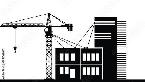 Construction site silhouette with crane and buildings 