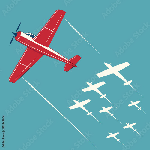 Red Biplane Leading Formation of White Airplanes in a Clear Blue Sky.