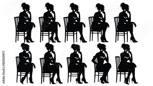 Collection of seated woman silhouettes thinking 