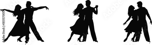 Elegant ballroom dance couple silhouettes set, romantic partner dancing poses, classic waltz tango motion vector illustration isolated on white background