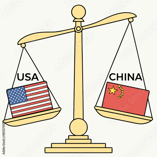 USA and China Flags on a Scale Representing Geopolitical Balance.