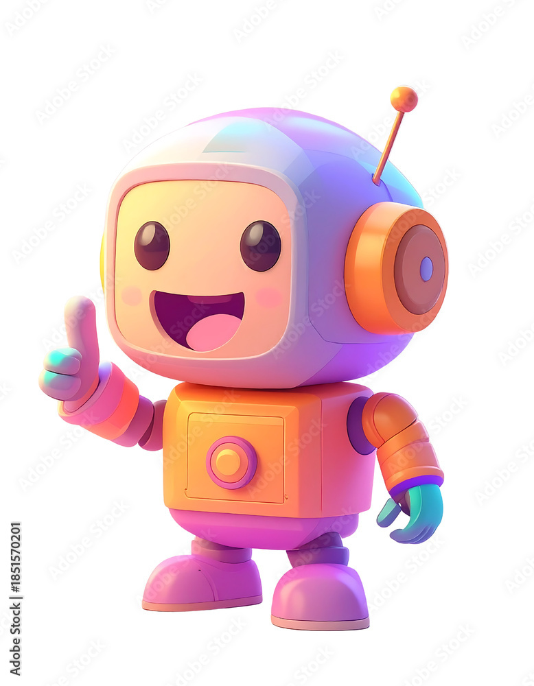 Fototapeta premium A cheerful 3D cartoon robot with a vibrant orange and purple gradient, giving a friendly thumbs-up.