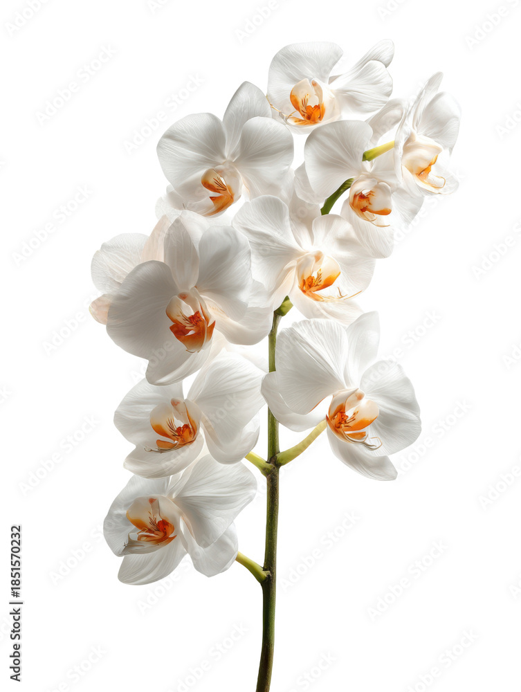 Obraz premium Elegant White Orchid Flower Branch with Orange Centers on Black Background bloom blossom, Isolated, Png Transparent Background