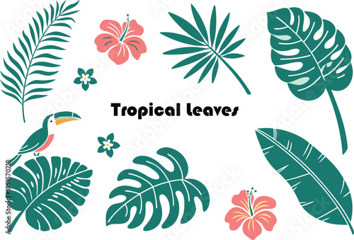 Tropical leaves and flowers with toucan on white background hibiscus