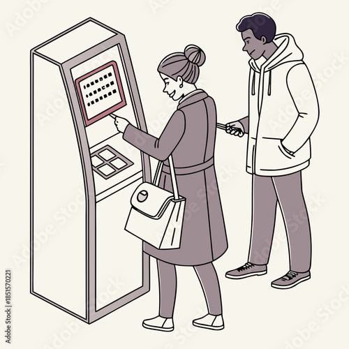 Woman using an ATM while a man waits patiently behind her.