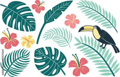 Tropical scene with toucan and hibiscus flowers on green leaves