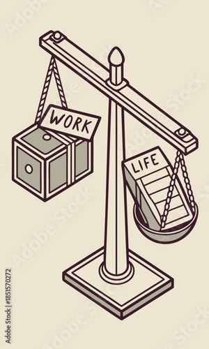 Worklife balance concept with scales weighing work and life elements.