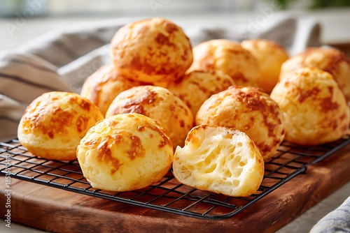 Freshly baked cheese bread on cooling rack. Delicious quick snack for breakfast or appetizer. Traditional Brazilian pão de queijo.