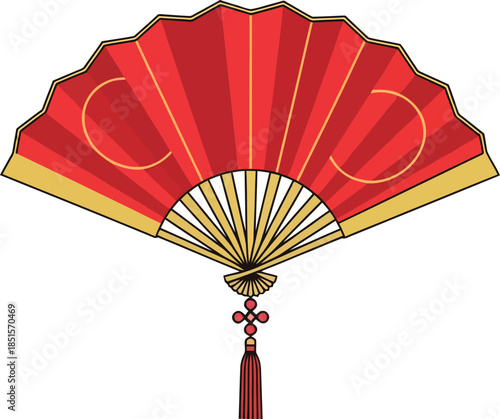 Vibrant red Chinese New Year fan illustration featuring lunar elements, culture, and celebration