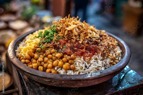 Traditional koshary dish with rice, pasta, lentils, chickpeas, and tomato sauce, garnished with crispy fried onion and parsley. Egyptian street food concept.