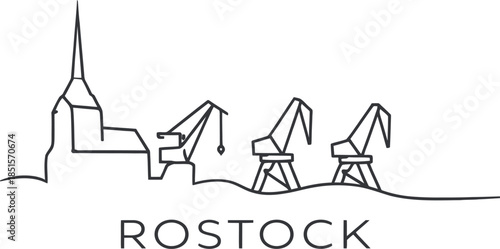 Rostock city skyline with harbor cranes and church vector illustration