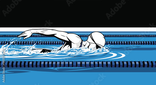 A male swimmer in a white cap swims freestyle in a blue indoor pool with lane dividers, creating ripples in the water.