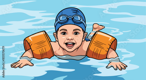 A young boy wearing a blue swim cap and orange floaties swims in a pool with a cheerful expression on his face.