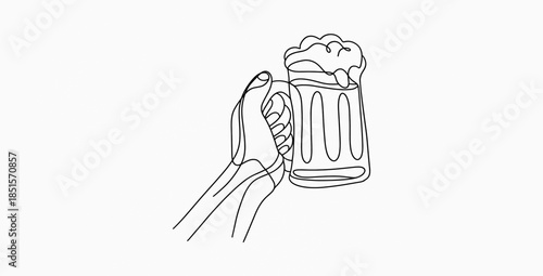 Skeleton Hand Holding Frothy Beer Mug Minimal Line Art Illustration Design