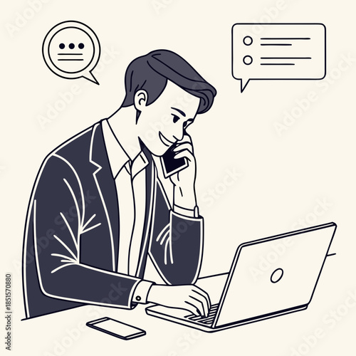 Businessman multitasking with phone call and laptop at desk.