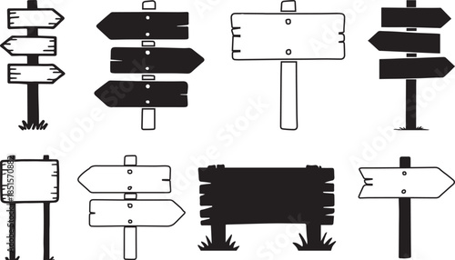 Wooden Signpost Silhouette Set Direction Board Collection.