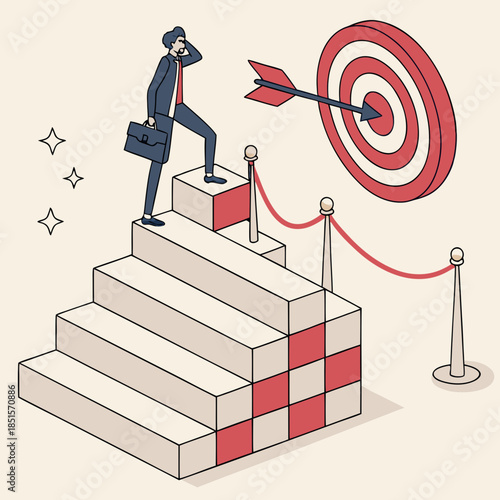 Businessman on stairs looking at target with arrow symbolizing career growth and success.