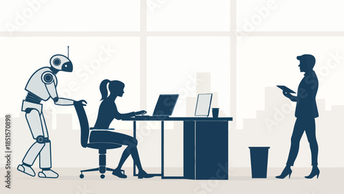 Robot assists businesswoman in modern office with colleague