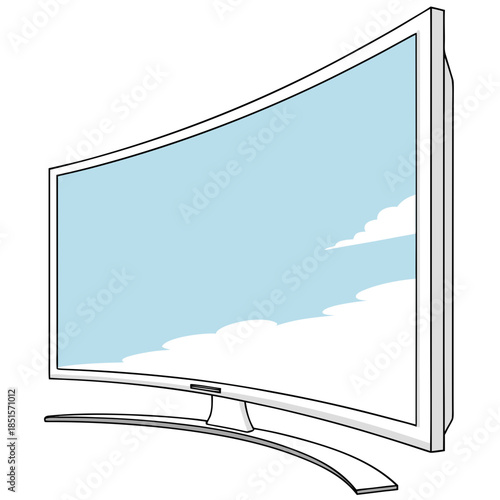 Curved screen television with a light blue screen and white clouds.